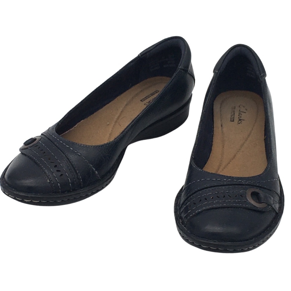 Clarks Collections Navy Leather Upper Bendable Slip-On Ballet Flats Narrow 7